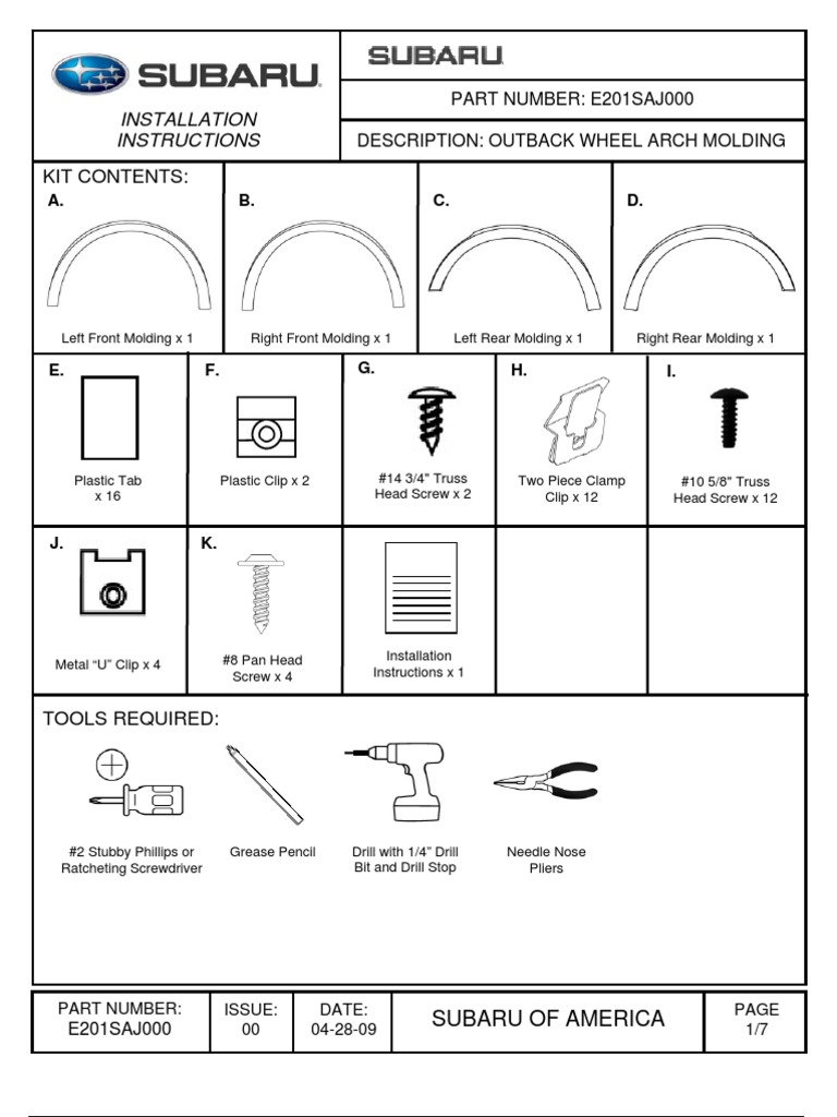 2010 2011 Subaru Outback Outback Wheel Arch Molding PDF Screw