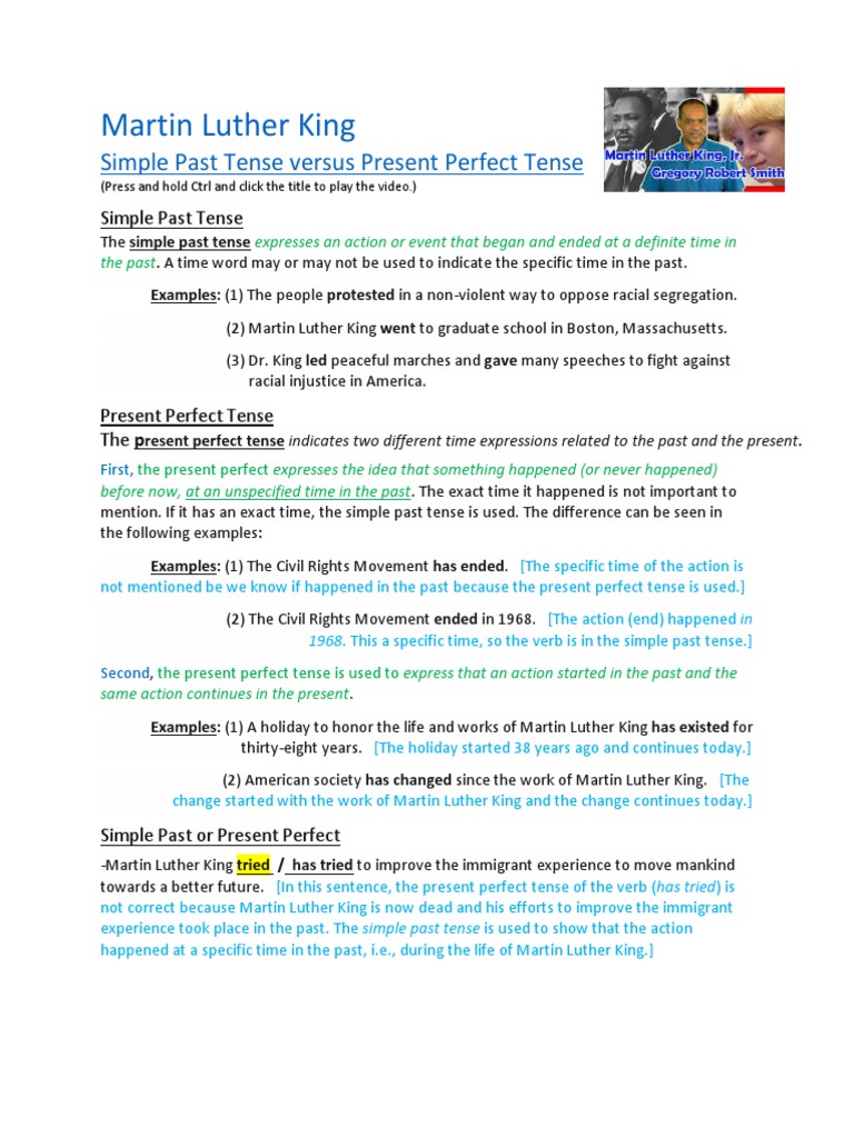 Martin Luther King - Simple Past and Present Perfect | PDF | Martin Luther  King Jr. | Grammatical Tense