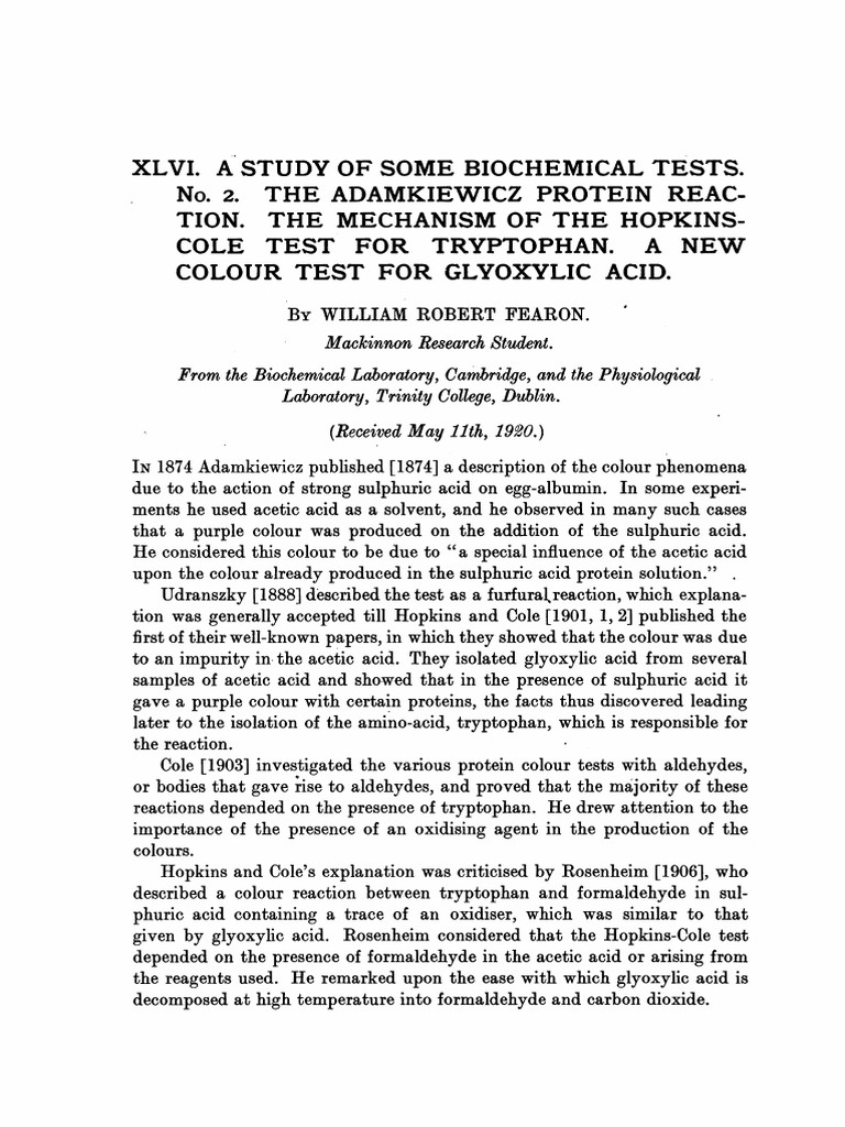 Biochemical Tests: Adamkiewicz & Hopkins-Cole | PDF | Aldehyde | Acid