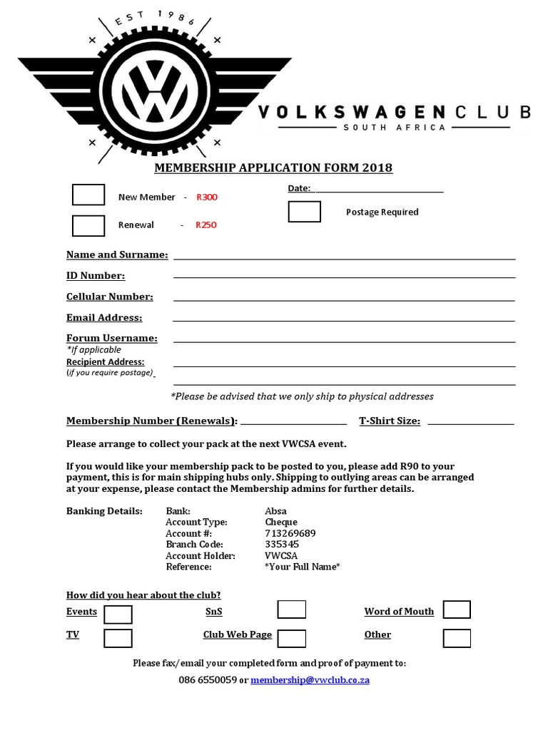 Membership application form 2018 name and surname id number cellular