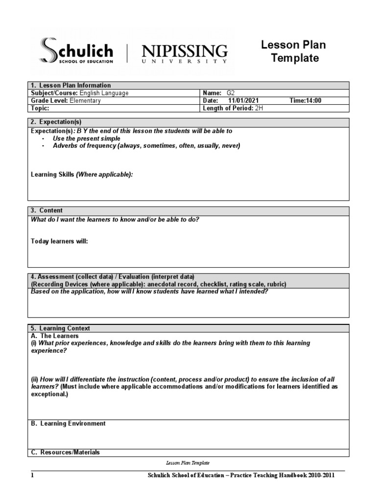 English Language Lesson Plan Template | PDF | Lesson Plan | Learning