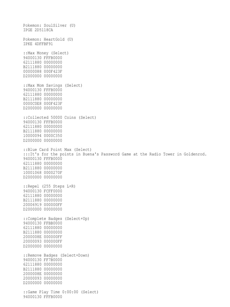 Pokemon Heart Gold Soul Silver Action Replay Codes US Versions | PDF