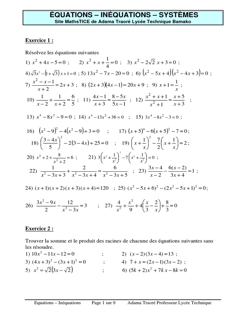 Exercice équation 3eme Avec Corrigé Pdf Exoequat 1 | PDF | Équation du second degré | Équations