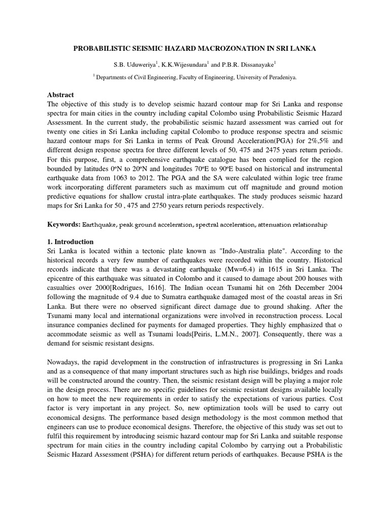 Probabilistic Seismic Hazard Assessment for Sri Lanka: Developing ...