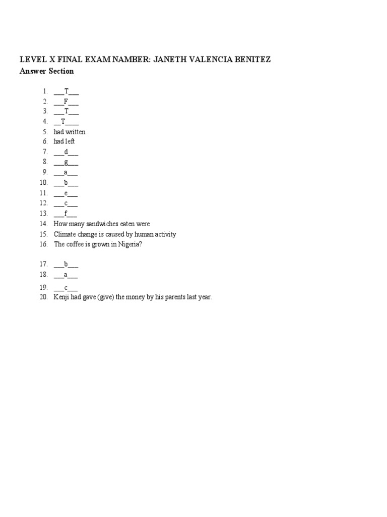 Answer Key Final Level X | PDF