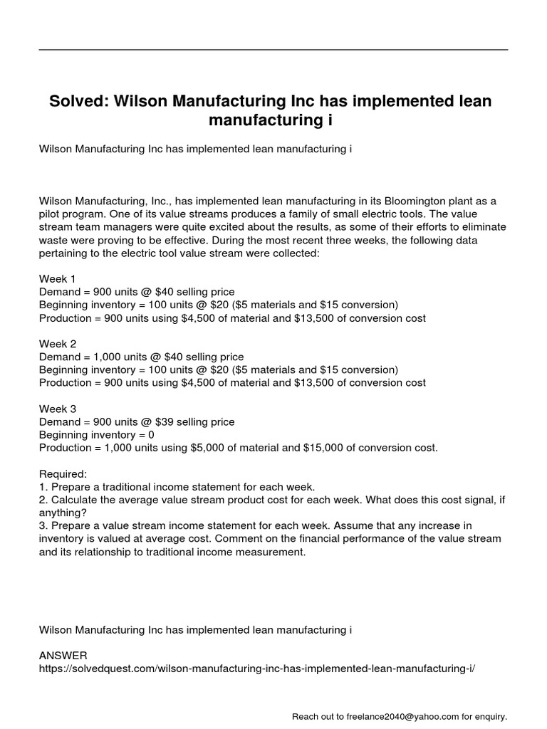 Wilson Manufacturing Inc Has Implemented Lean Manufacturing I PDF Inventory Demand