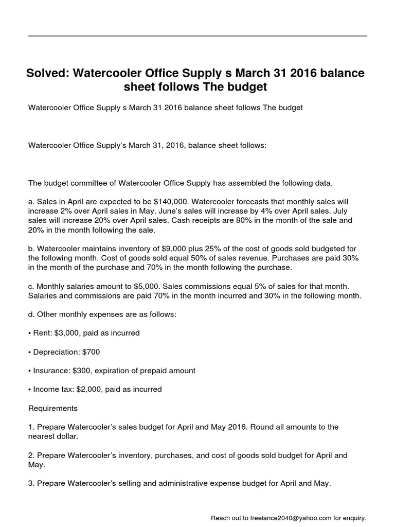 Watercooler Office Supply S March 31 2016 Balance Sheet Follows The