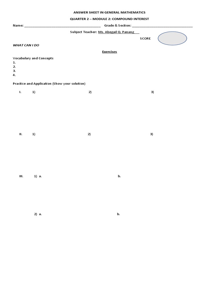 Answer Sheet in General Mathematics m2 | PDF