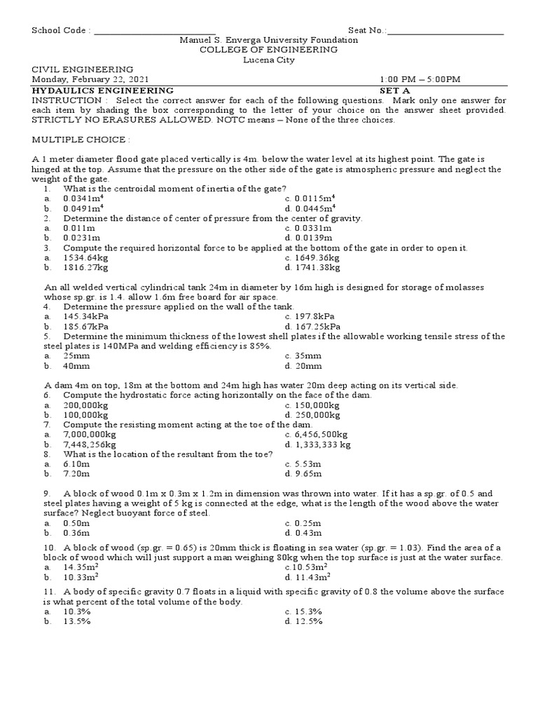 Hydraulics Engineering Exam Multiple Choice Questions on Hydraulic