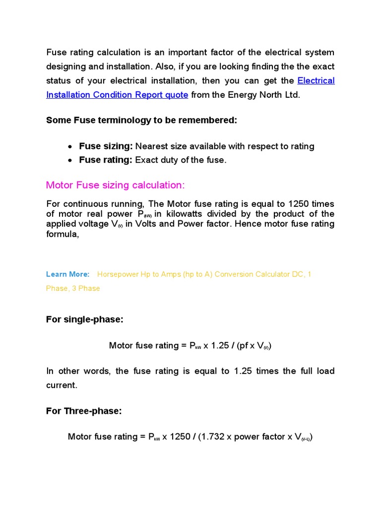 Motor Fuse Sizing Calculation Electrical Installation Condition Report Quote PDF Fuse