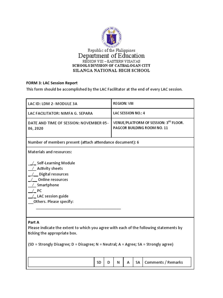 Department of Education Silanga National High School FORM 3 LAC