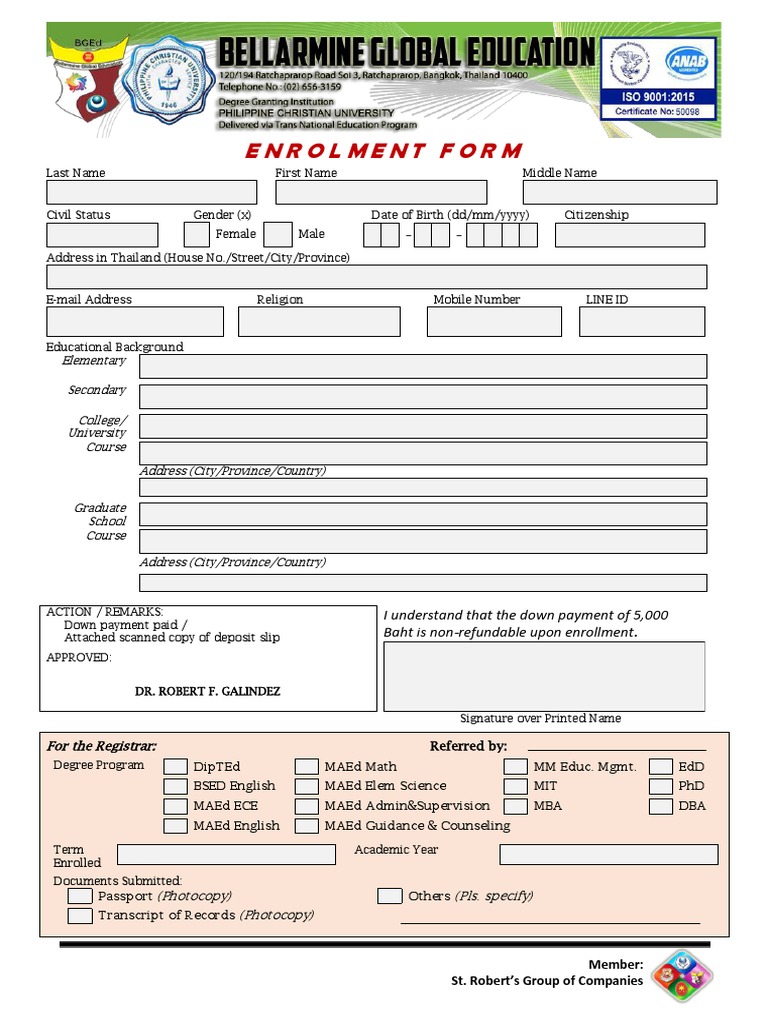 Enrollment Form BGEd PCU For Students Editable | PDF
