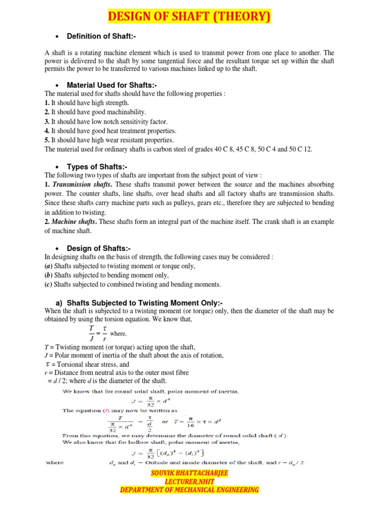 Definition of Shaft A) Shafts Subjected To Twisting Moment Only Download Free PDF Bending