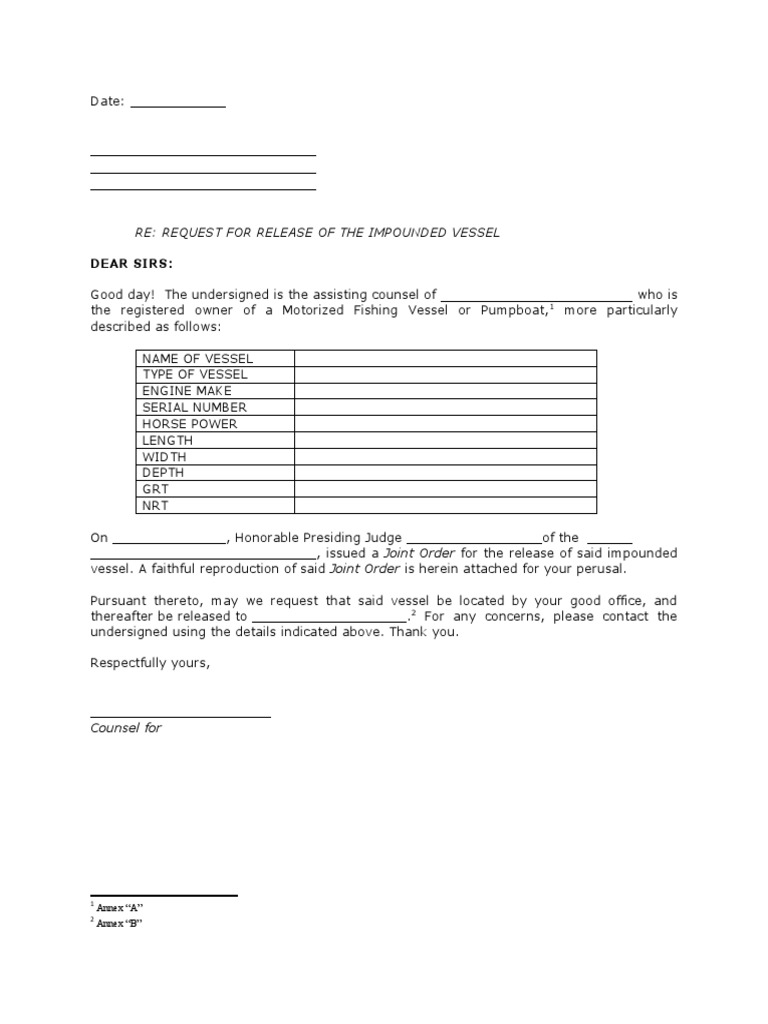 Release Letter Impounded Vessel | PDF