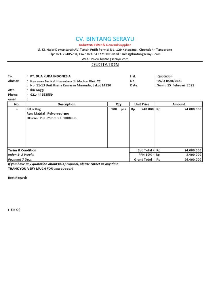Quotation for PT Dua Kuda Indonesia | PDF