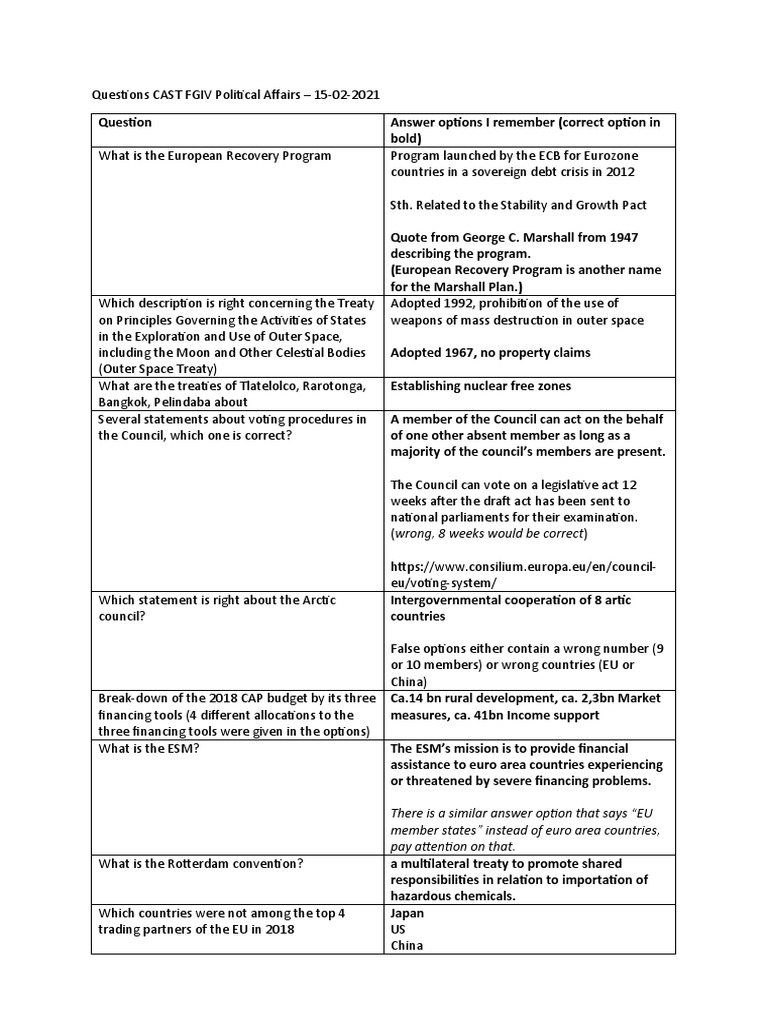 EU Political Affairs Quiz | PDF | Eurozone | European Union