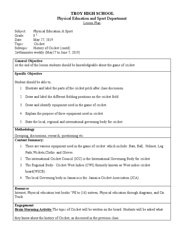 Cricket Lesson Plan for Grade 8 | PDF | Sports & Recreation
