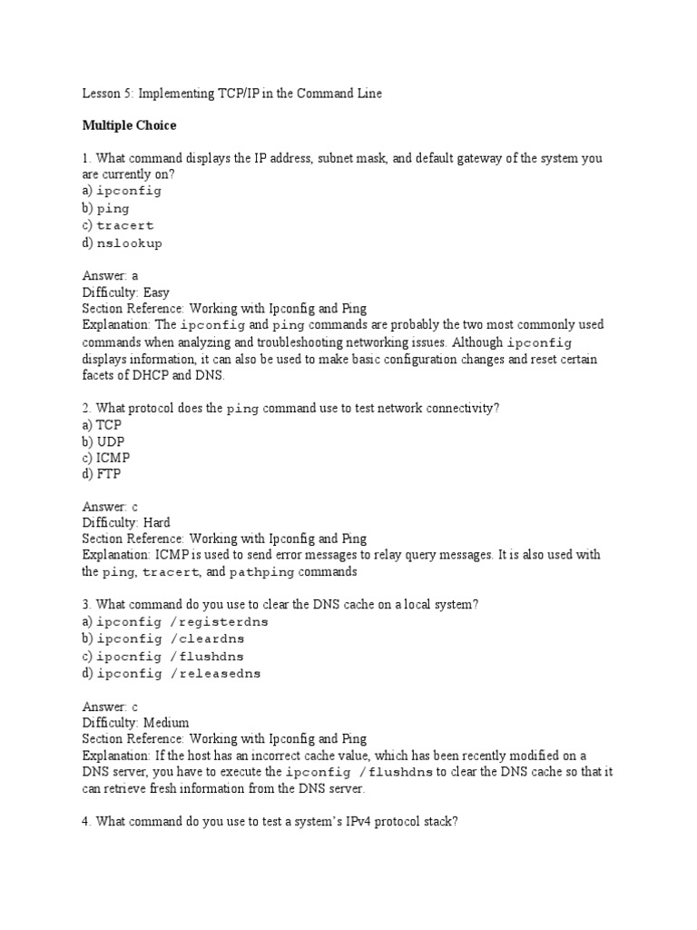 Test Bank Lesson 5 - Implementing TCPIP in The Command Line | PDF | Ip ...