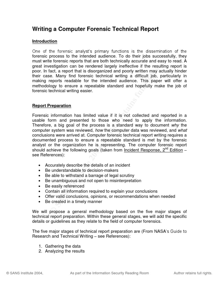 Writing A Computer Forensic Technical Report Forensic Writing A Computer Forensic Technical Report Forensic