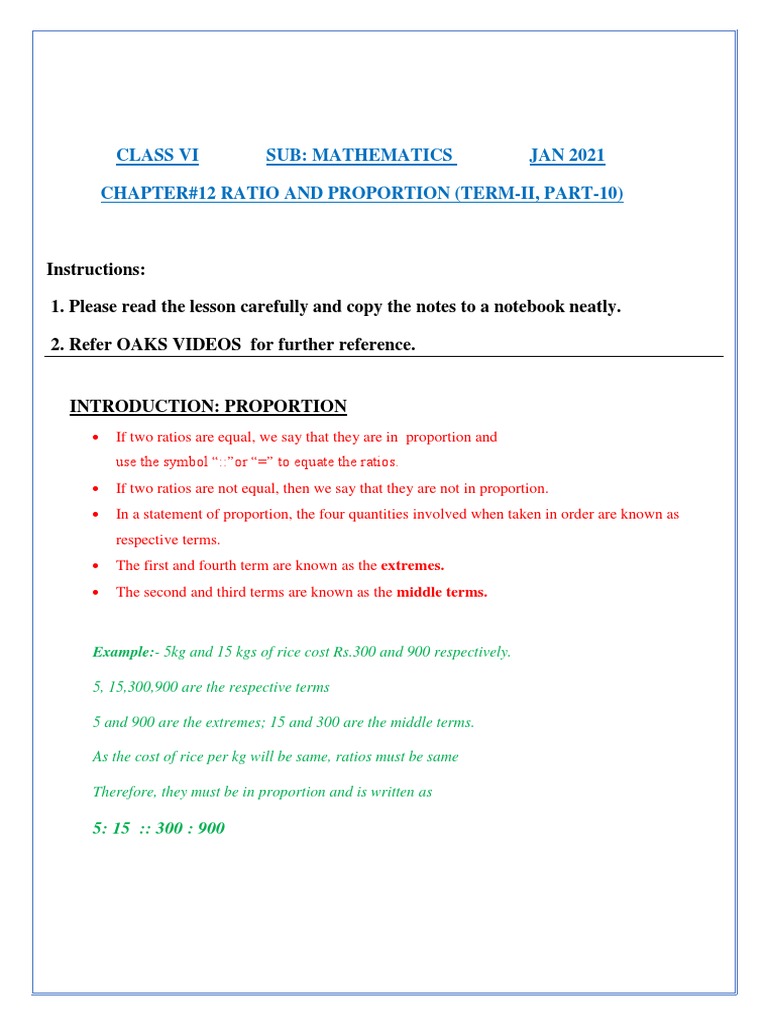 Ratio and Proportion Notes for Class 6 | PDF