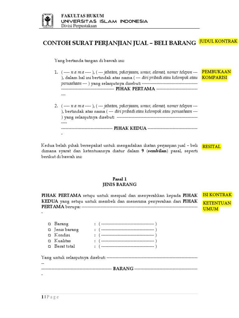 Contoh Surat Perjanjian Pengikat Jual Beli Barang Fh Uii Pdf