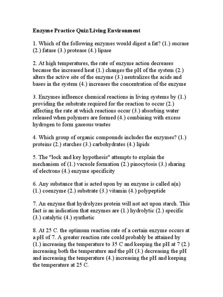 Enzyme Practice Quiz Questions and Answers PDF Hydrolysis Enzyme