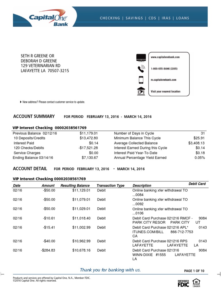 Capital One Statement PDF Debit Card Financial Transaction