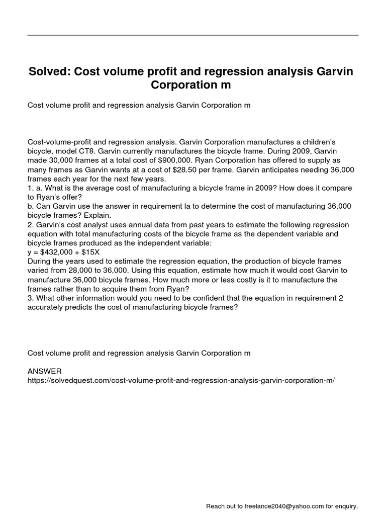Cost Volume Profit and Regression Analysis Garvin Corporation M PDF