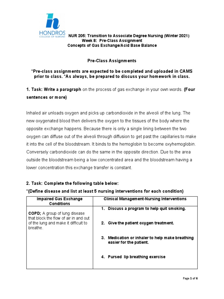 NUR 205 Week 8 Pre-Class Assignment | PDF | Breathing | Physiology