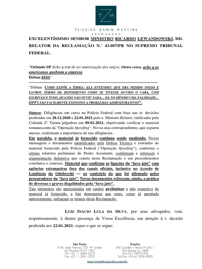 Manifestação contra a Lava Jato por parte da defesa de Lula, PDF, Luiz  Inácio Lula da Silva