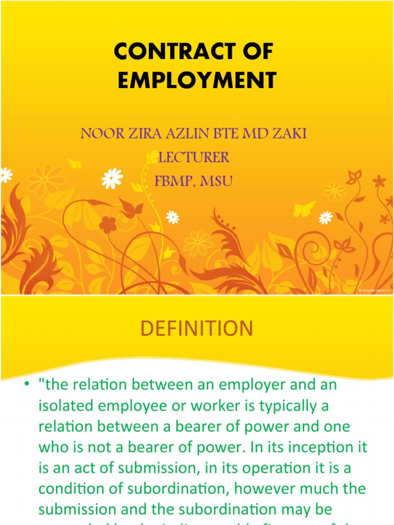 Contract of Employment Noor Zira Azlin Bte MD Zaki Lecturer FBMP, Msu Download Free PDF