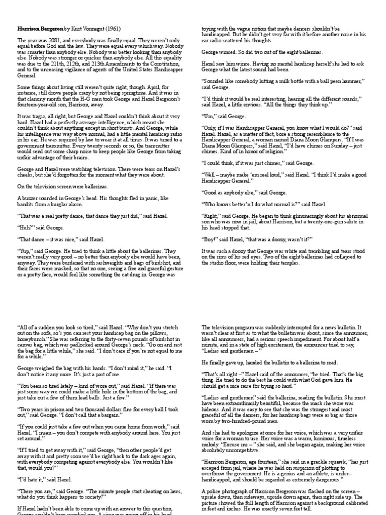 Harrison Bergeron by Kurt Vonnegut (1961) PDF Nature