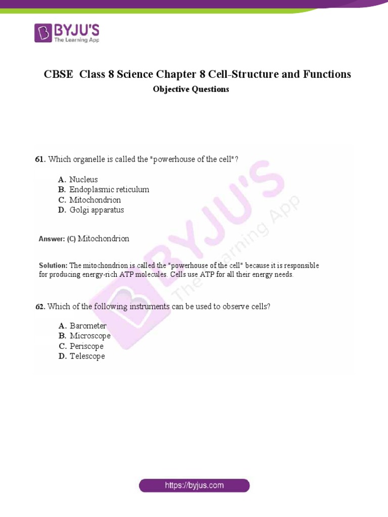 CBSE Class 8 Science Chapter 8 Cell Structure and Functions Objective ...