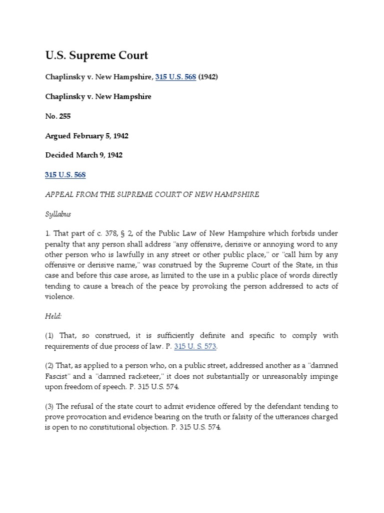 25 Chaplinsky v. New Hampshire PDF First Amendment To The United