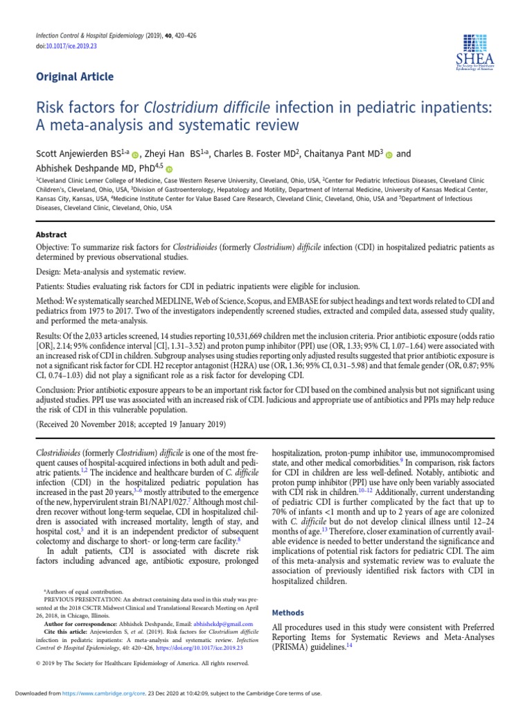 Risk Factors For Clostridium Difficile Infection in Pediatric ...