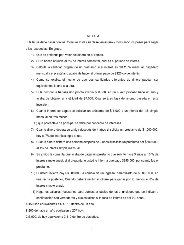 Matematicas Financieras Talleres 3 . | PDF | Tasas de interés | Interés
