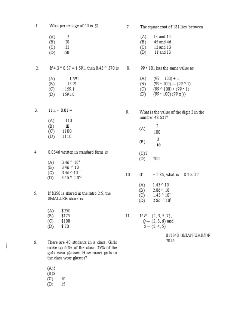 CXC Mathematics Paper 1 January 2016 | PDF | Area | Length