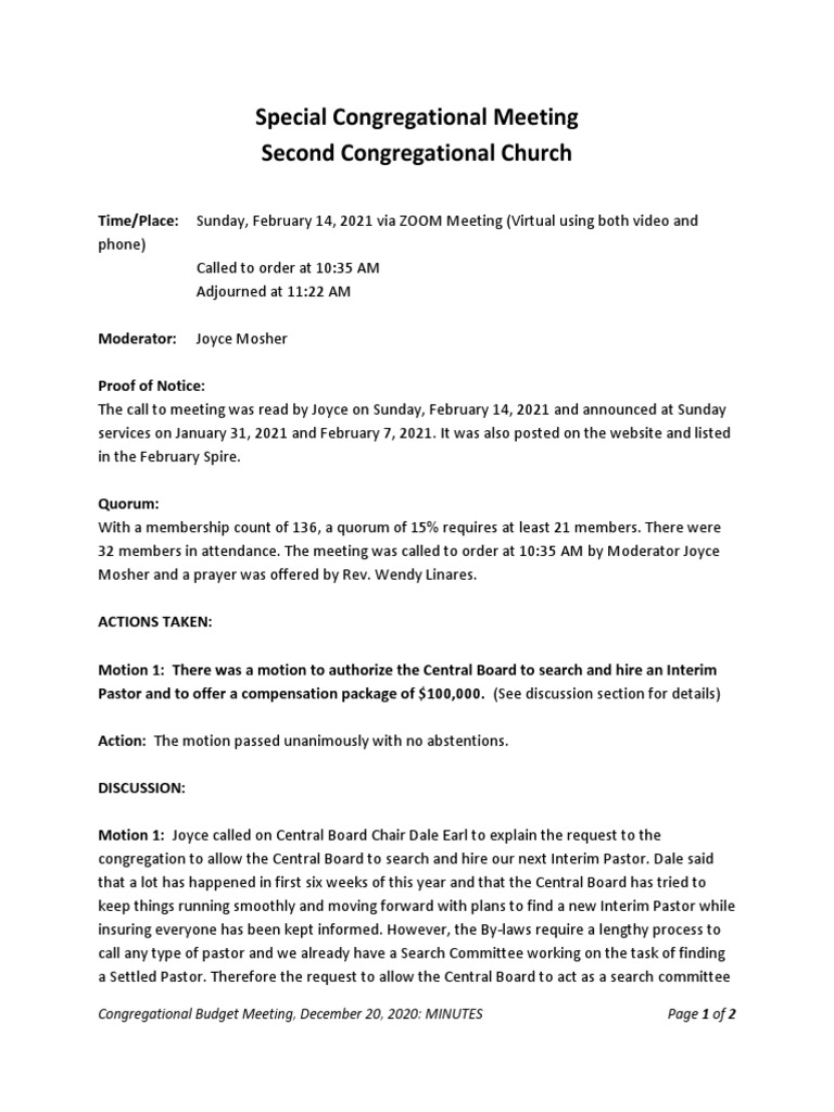 021421-Special Congregational Meeting Minutes | PDF | Government