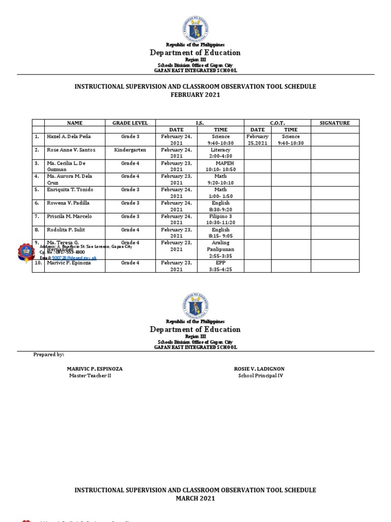 Is and Cot Schedule PDF Philippines Further Education