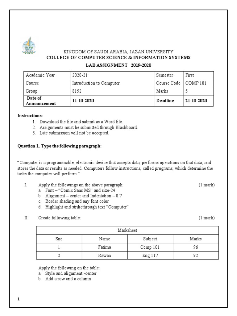 Jazan University COMP 101 Lab Assignment | PDF | Paragraph | Computer ...