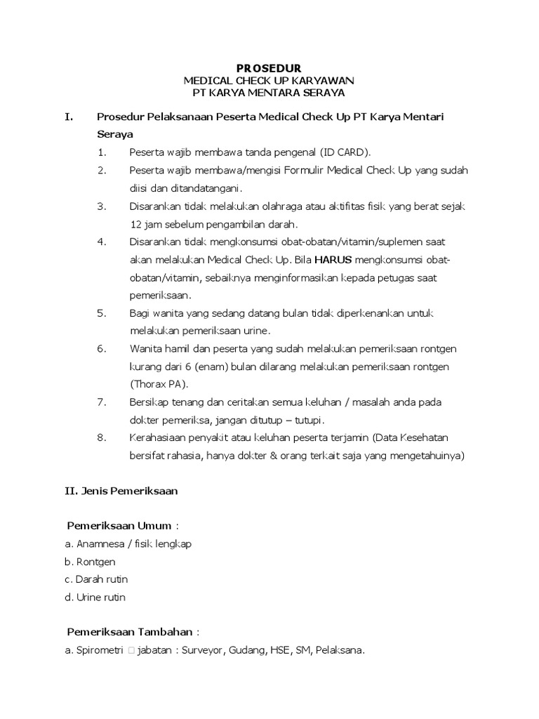Prosedur Medical Check Up Karyawan | PDF | Pengembangan Diri ...