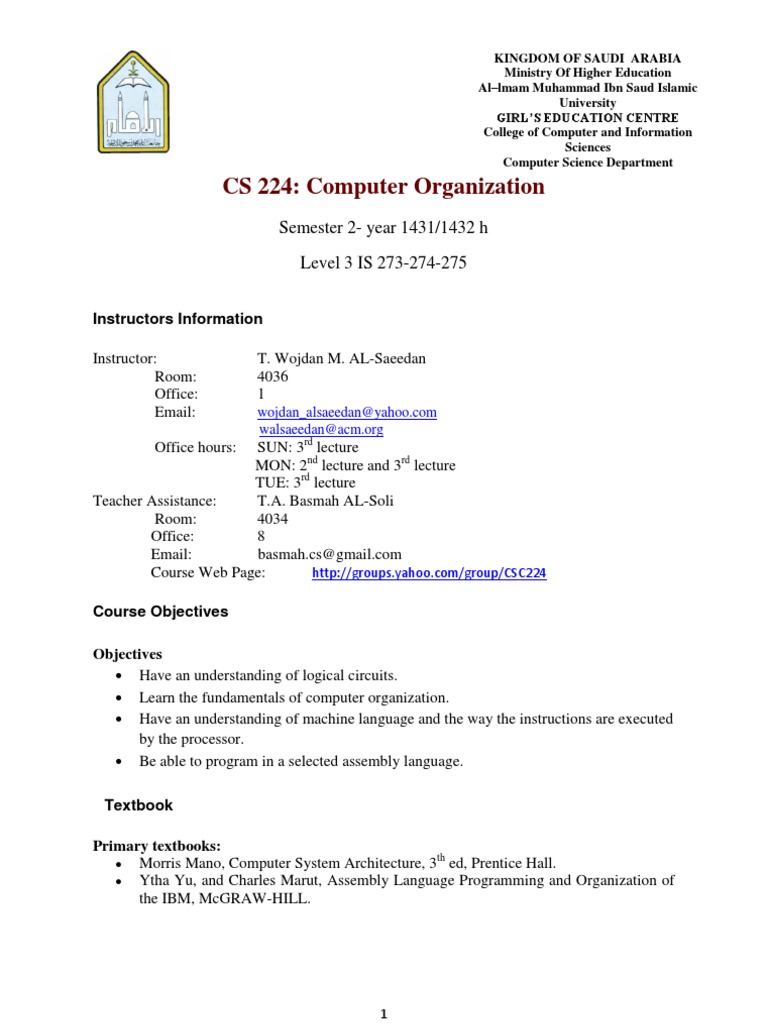 CS 224: Computer Organization Course Guide | PDF | Computer Science ...