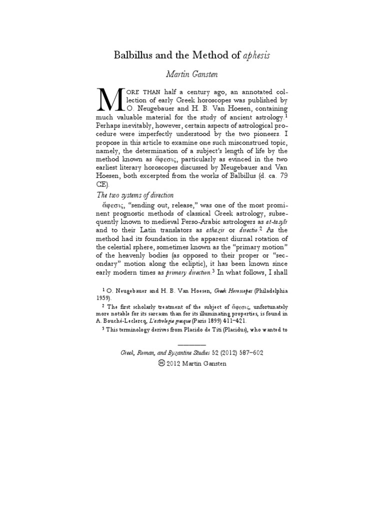 Balbillus and the Aphesis Method | PDF | Planets In Astrology | Horoscope