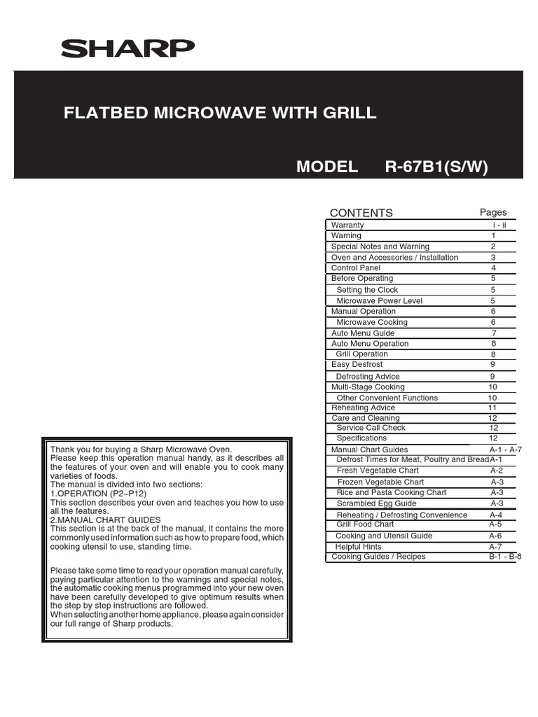 Flatbed Microwave With Grill Operation Manual and Cooking Guide PDF