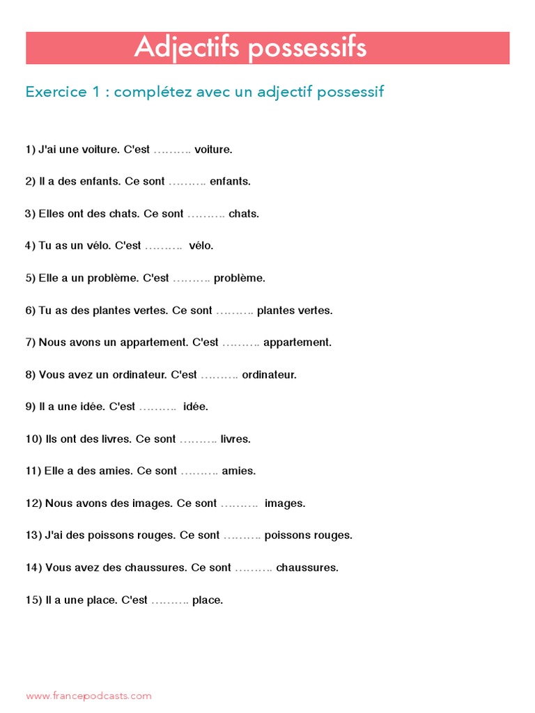 Les Adjectifs Possessifs Exercices Corrigés Adjectifs Possessifs Exercice 1 Et Corrigé | PDF