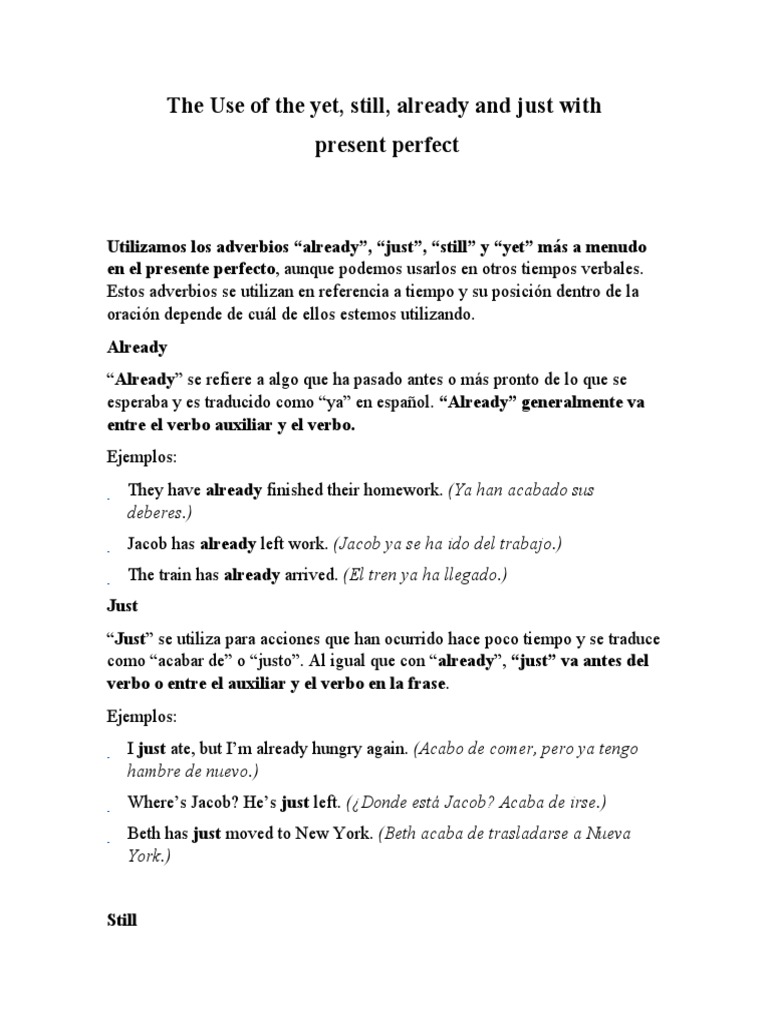 Uso de Adverbios en Presente Perfecto | PDF | Gramática | Morfología ...