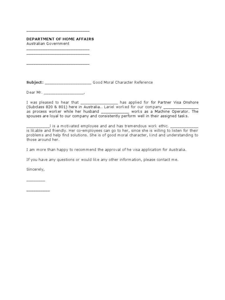 Department of Home Affairs: Subject: - Good Moral Character Reference ...