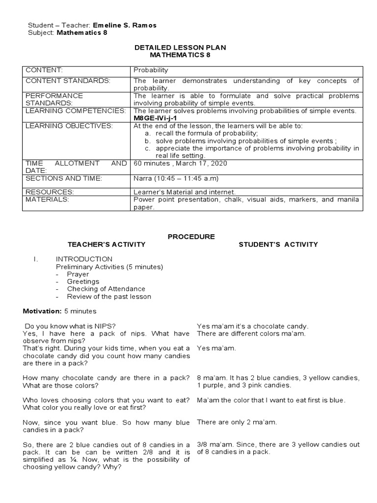 Grade 8 Probability Lesson Plan | PDF | Probability | Lesson Plan