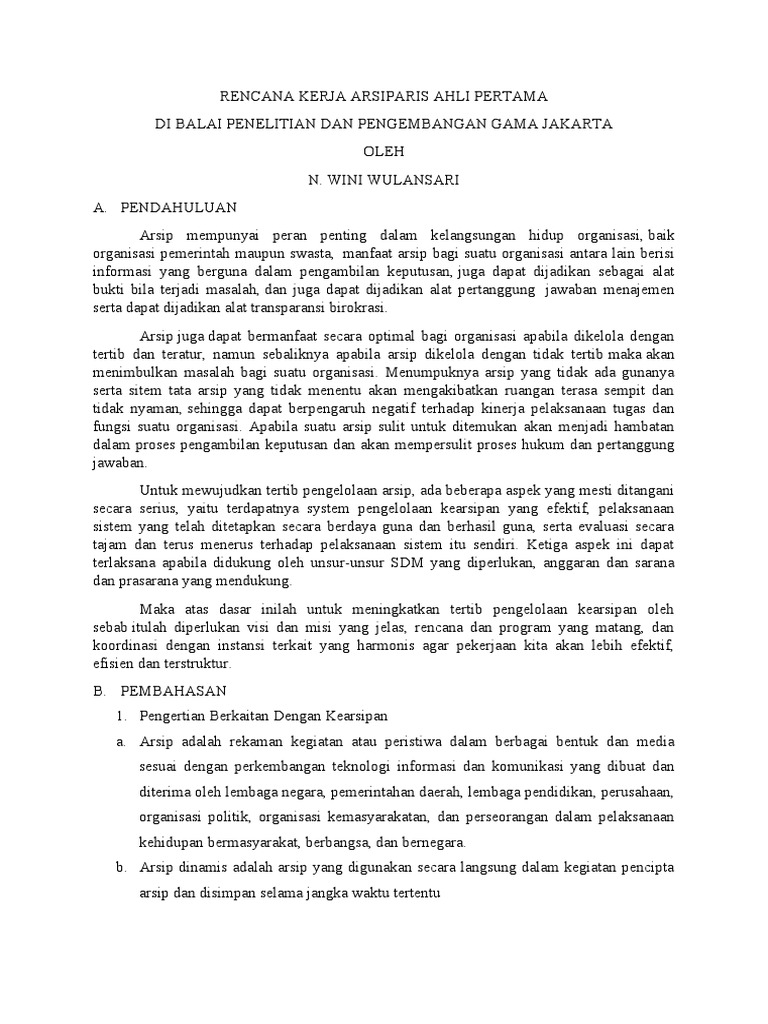 Rencana Kerja Arsiparis Ahli Pertama Pdf