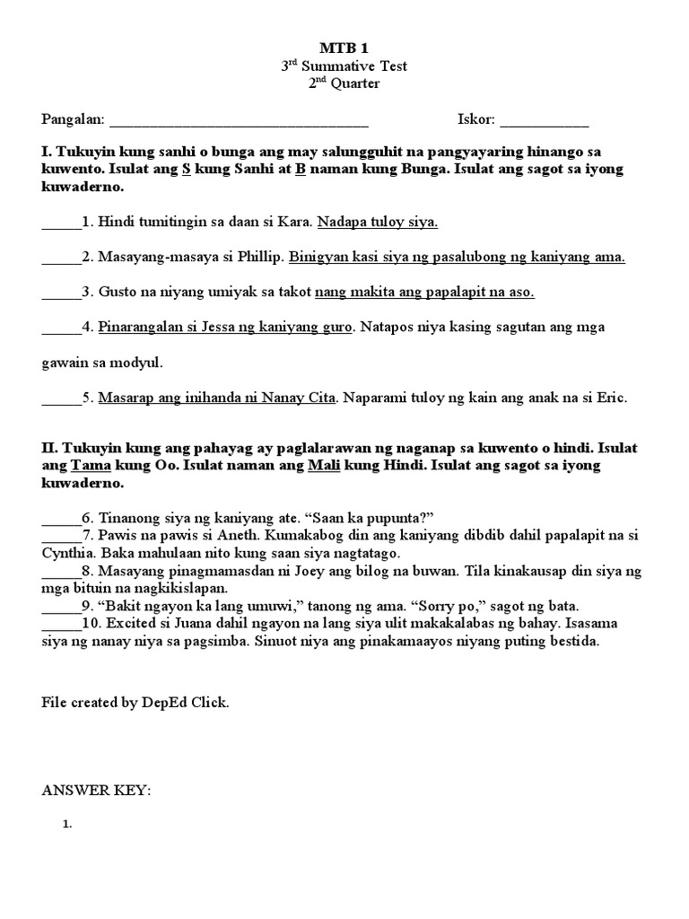 MTB 2 Summative Test | PDF